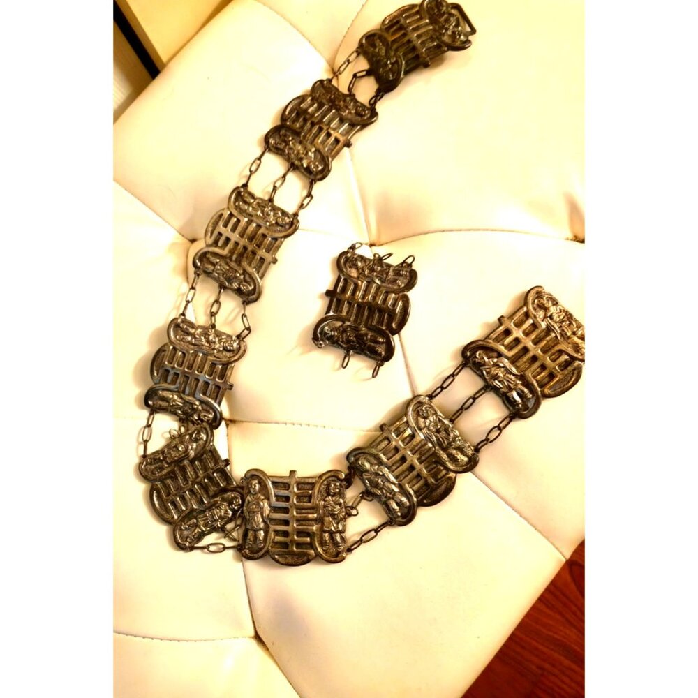 Vintage H.K. Carved Metal Figural Panel Belt – 30" with Extra Panel – 180g Heavy